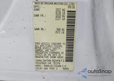 2017 Nissan Altima 2.5 Sr из США, поврежденный, VIN 1N4AL3AP3HN304971